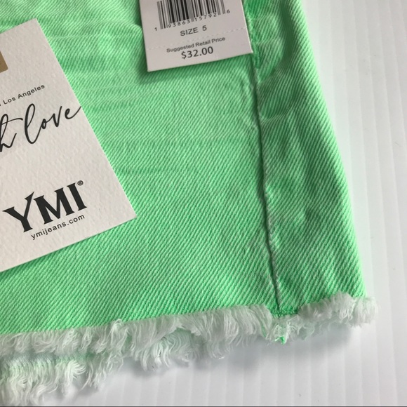 YMI SZ 5 Mid-Rise Denim Frayed Cut-Off 3" Women's Shorts in Lime Green NEW - Picture 7 of 14